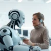 Agentic Human AI exemplifying collaboration between a humanoid robot and a human in a vibrant tech workspace.